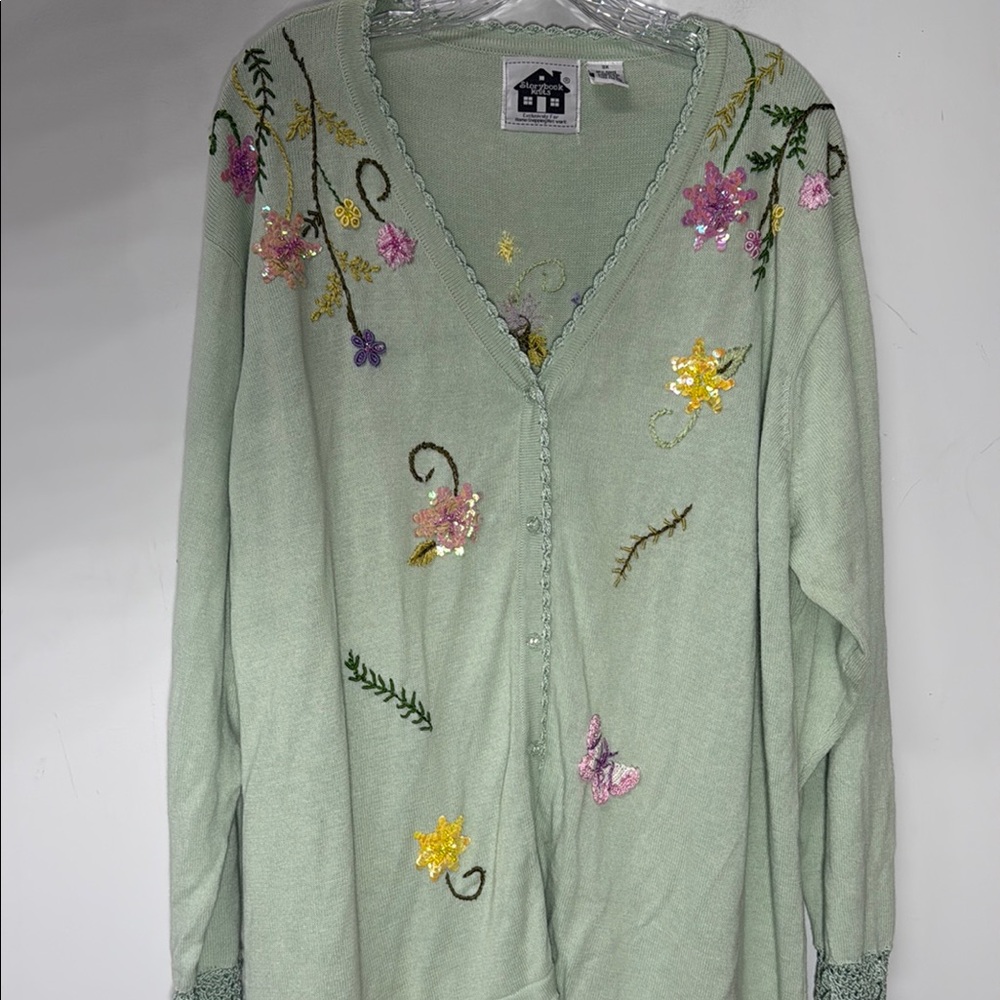 Storybook Knits Pastel Green Cardigan Floral Embroidery Sequins Plus Size 3X - Picture 3 of 12